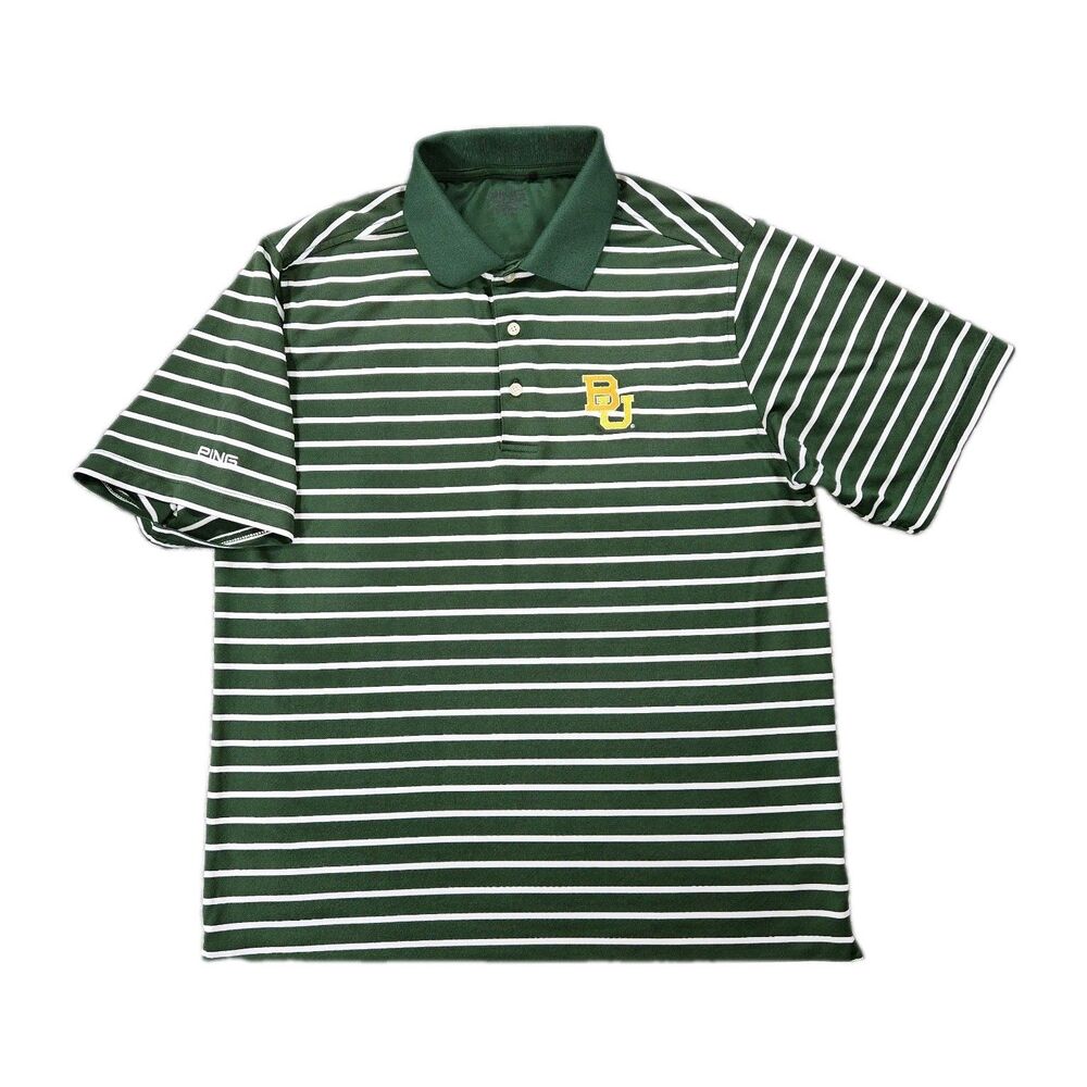 Mens Ping Baylor Bears Short Sleeve Polo Shirt Striped Medium Green White